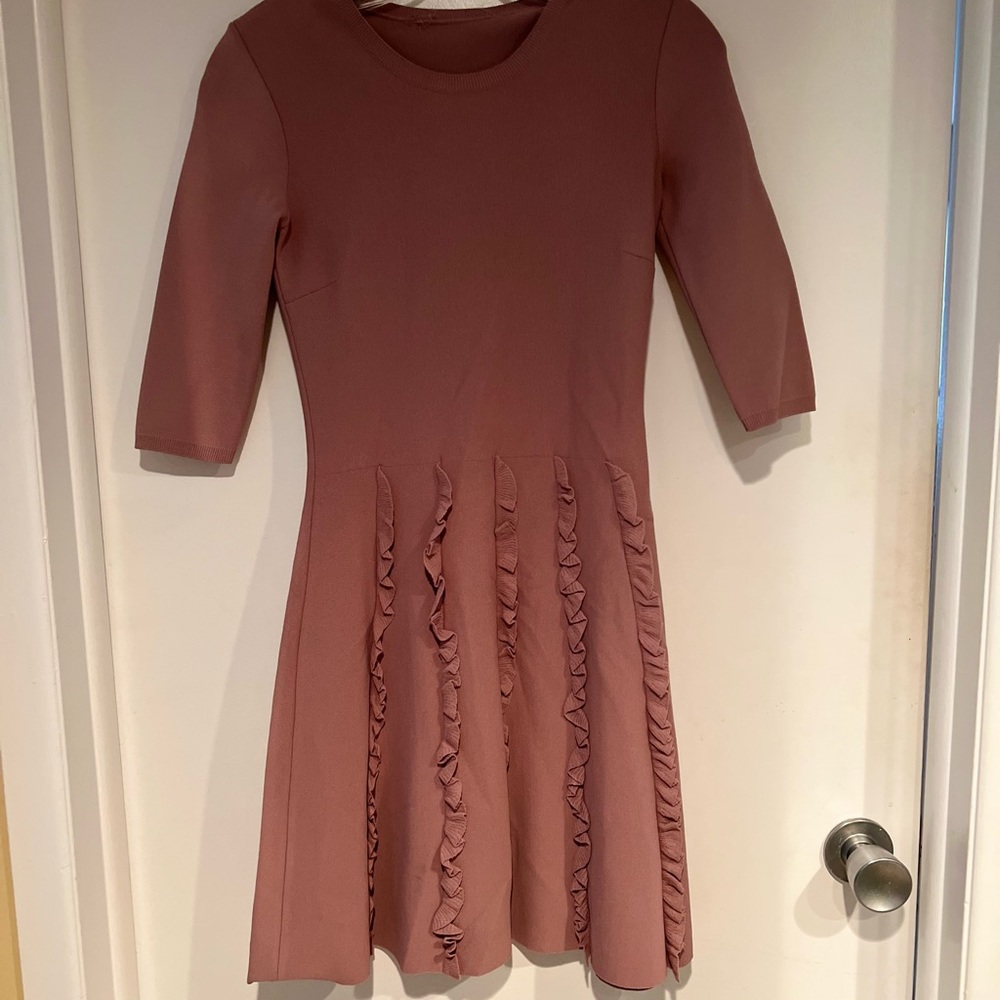 Valentino SPA Blush Mauve  3/4 Sleeve Viscose Ruffle Dress Italy Classic XS New
